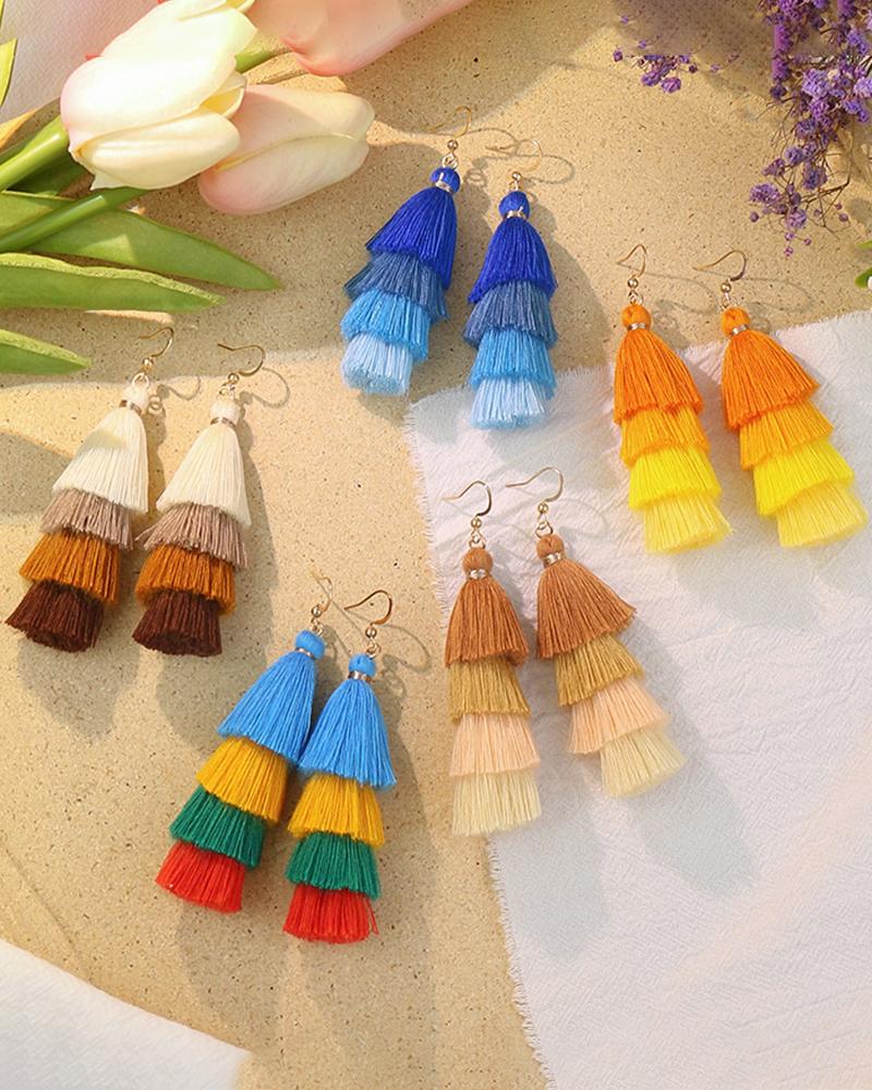 

1Pair Colorblock Bohemian Layered Tassel Drop Earrings, Blue