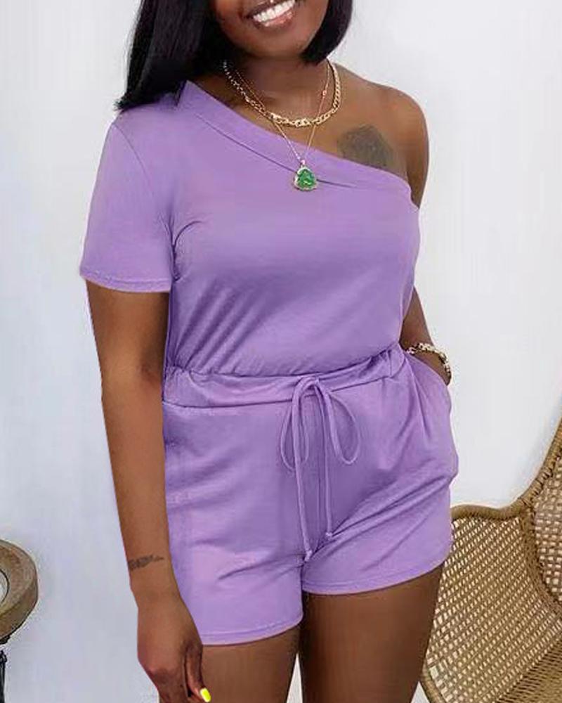 

One Shoulder Pocket Detail Drawstring Romper, Purple