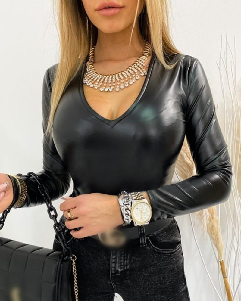

Long Sleeve V-Neck PU Leather Top, Black