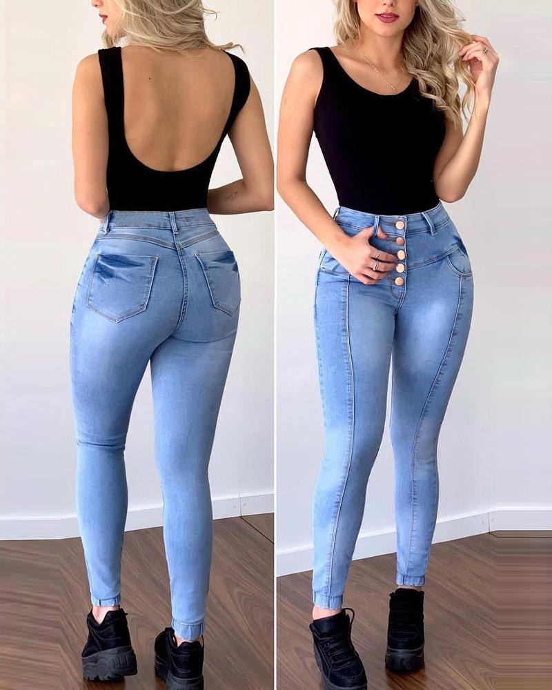 

Buttoned High Waist Pocket Detail Skinny Jeans, Blue