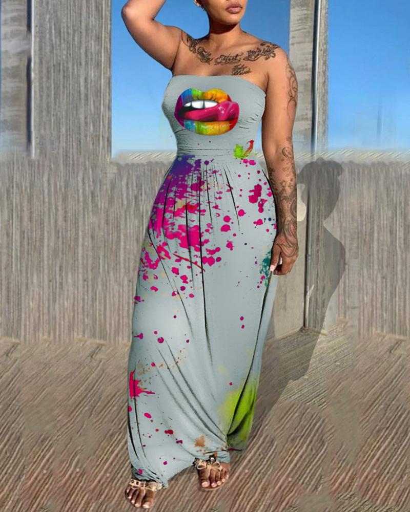 

Ink Splash Lip Print Bandeau Maxi Dress, Gray
