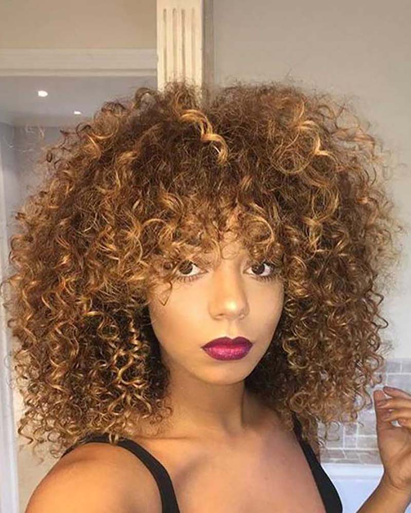 

13 Inches Short Hair Afro Kinky Curly Wigs Mixed Brown & Blonde Fiber High Synthetic Hair Wig, Gold
