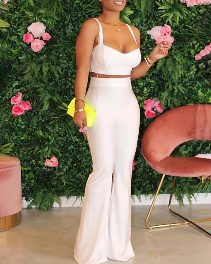 

Sleeveless Crop Top & High Waist Bootcut Pants Set, White