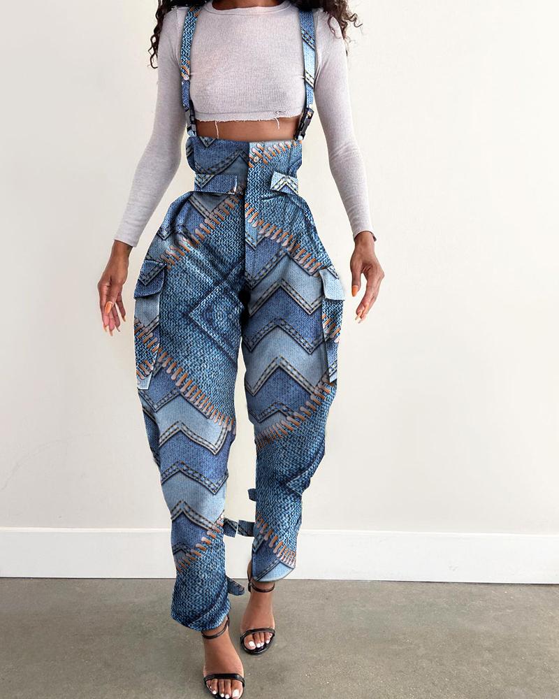 

Denim Strap Print High Waist Suspender Cargo Pants, Blue