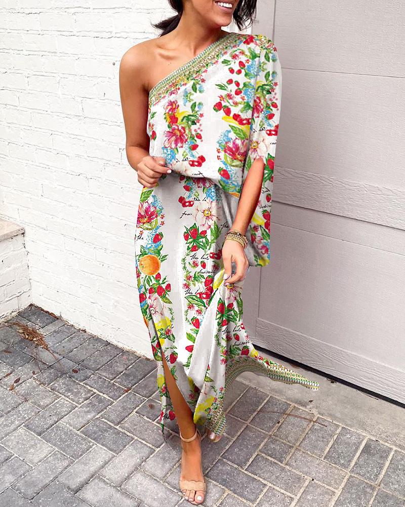 

One Shoulder Floral Fruit Print Slit Dress, White