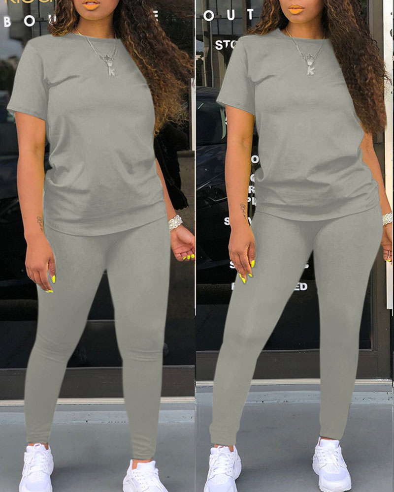 

Plus Size Plain Short Sleeve Casual Top & Pants Set, Gray