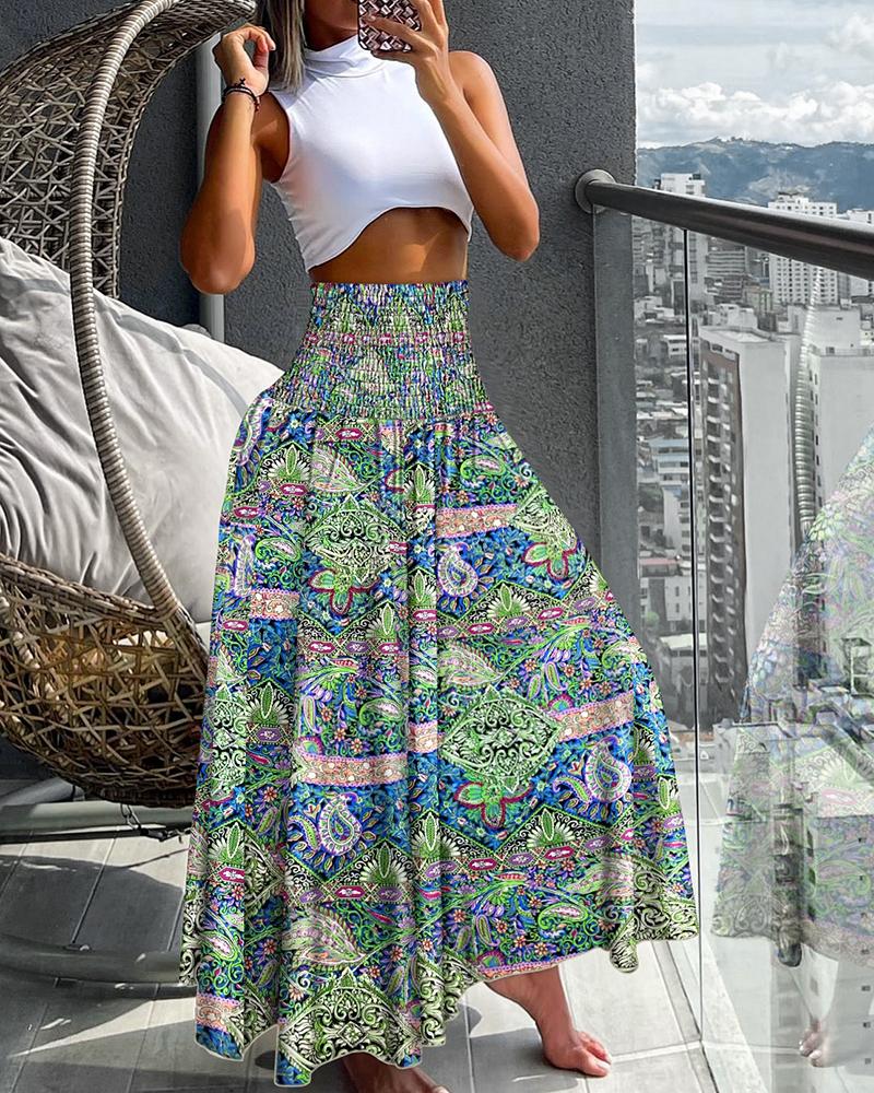 

Floral Print High Waist Shirred Wide Leg Pants, Multicolor