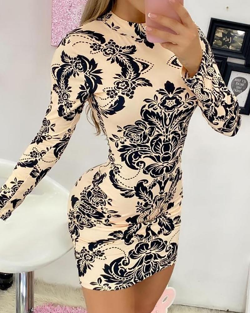 

Floral Print Long Sleeve Bodycon Dress, Nude