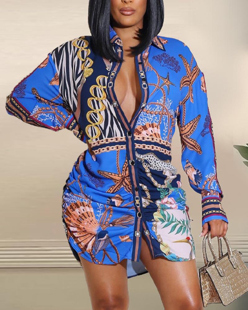 

Plus Size Graphic Print Button Down Shirt Dress, Blue