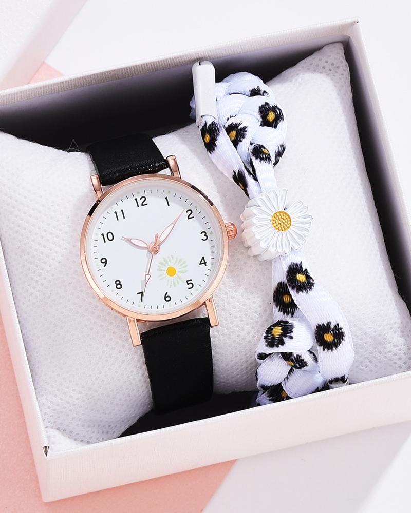

Daisy Pattern Pointer Quartz Watch & Bracelet Set, Black