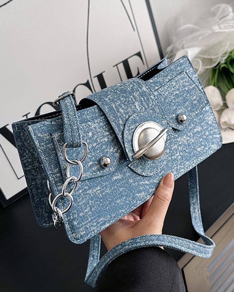 

Denim Look Print Twist Lock Canvas Satchel Bag, Lighted blue