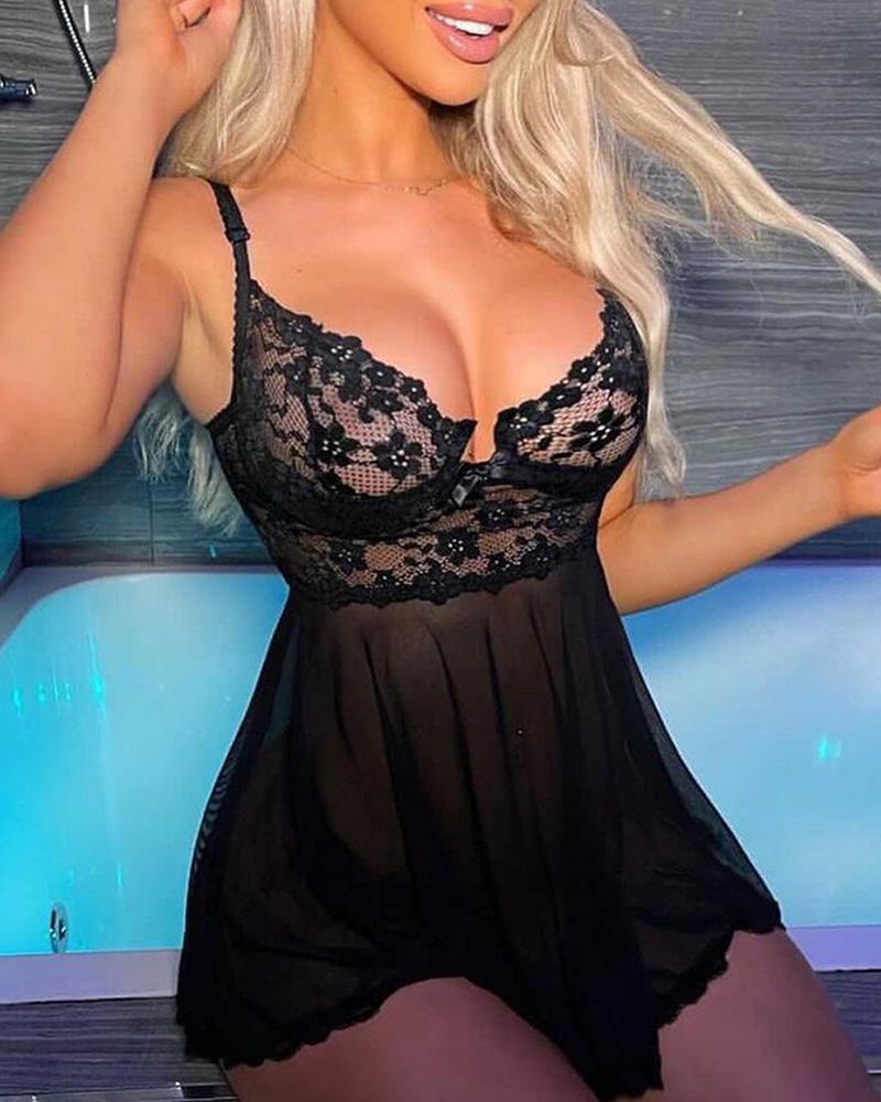 

Floral Embroidery Sheer Mesh Babydoll With Panty, Black