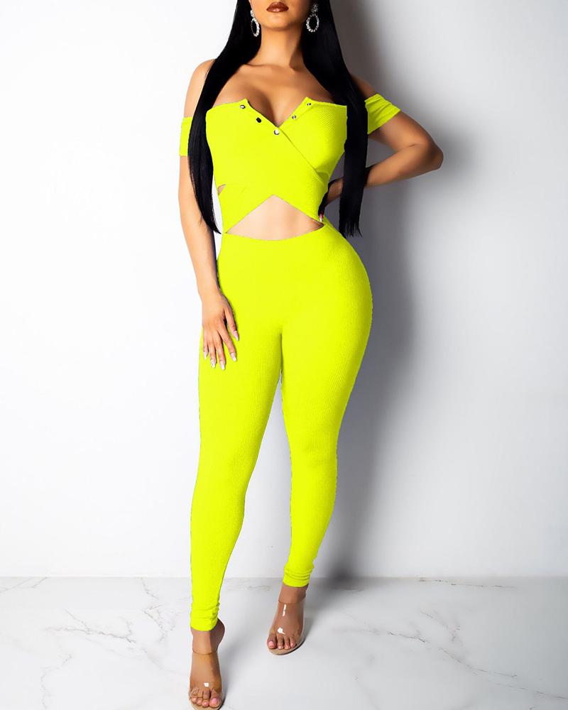 

Cross Over Off Shoulder Cropped Jumpsuit, Yellow