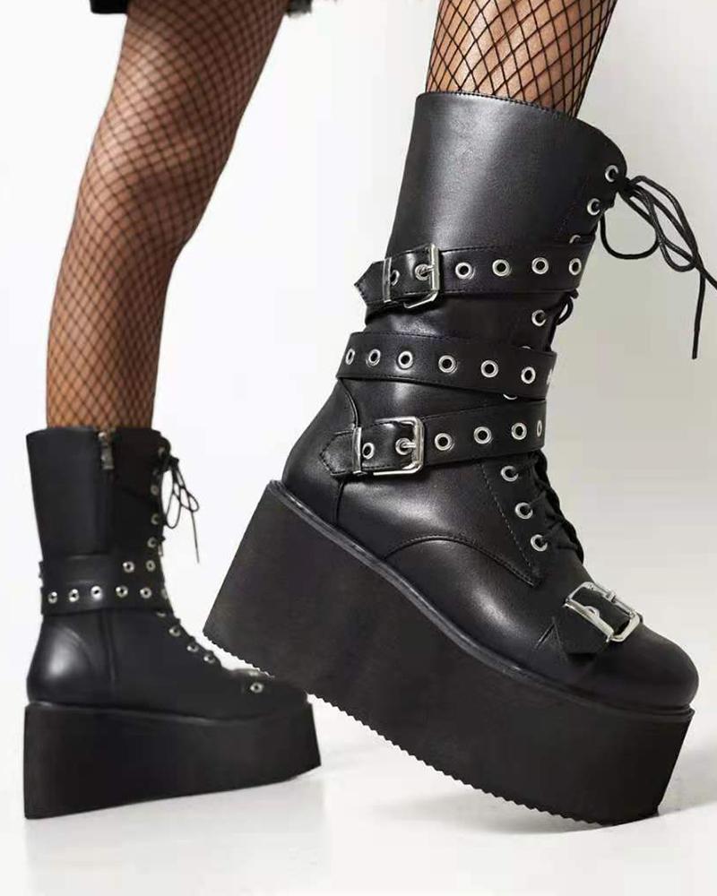 

Eyelet Lace-up Buckled Platform Boots, Black