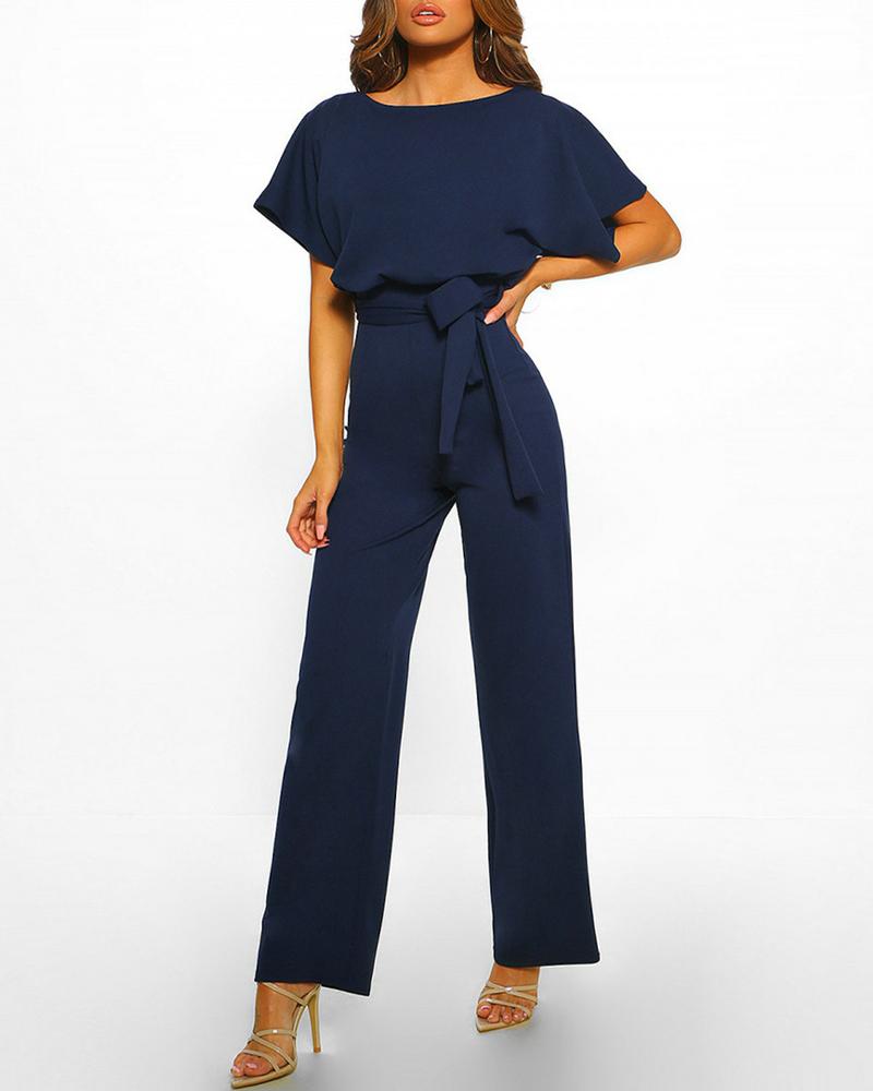 

Batwing Sleeve Keyhole Back Belted Jumpsuit, Purplish blue