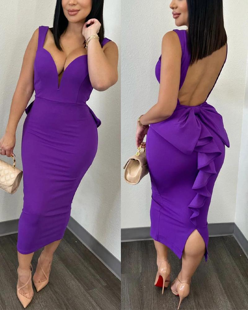 

Plunge Ruffle Hem Backless Party Dress, Purple