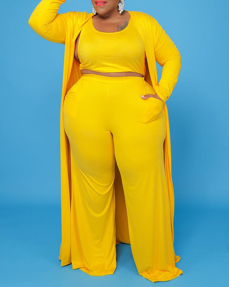 

Plus Size Tank Top & Pocket Design Pants Set With Longline Cardigan, Yellow