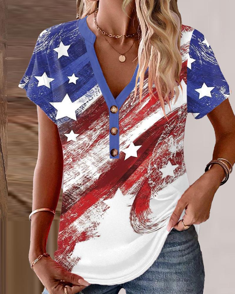 

Independence Day Flag Print Notch Neck Buttoned Top, Multicolor