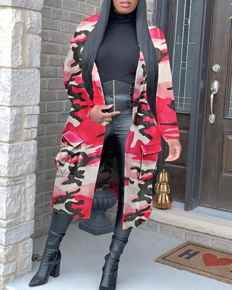 

Camouflage Pocket Design Longline Coat, Red