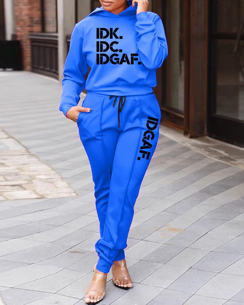 

Letter Print Long Sleeve Casual Hoodie & Pants Set, Blue