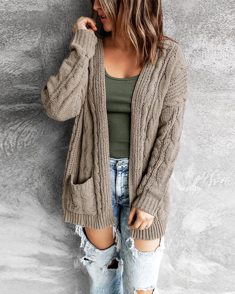 

Long Sleeve Cable Knit Open Front Cardigan, Khaki