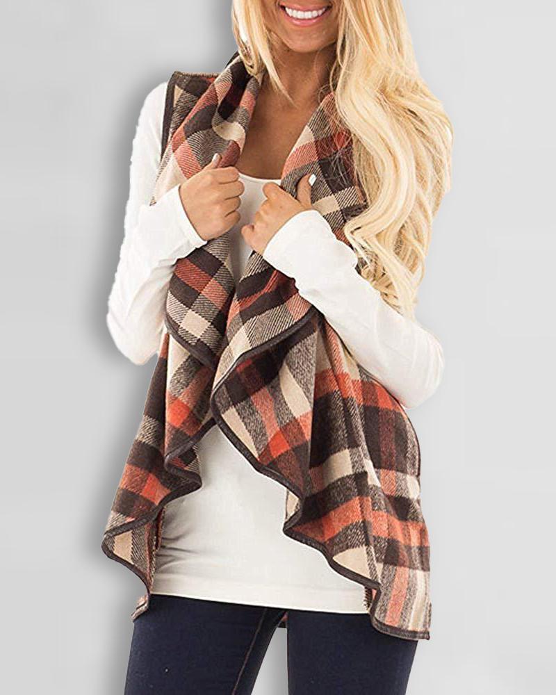 

Plaid Print Pocket Detail Waterfall Vest Coat, Khaki