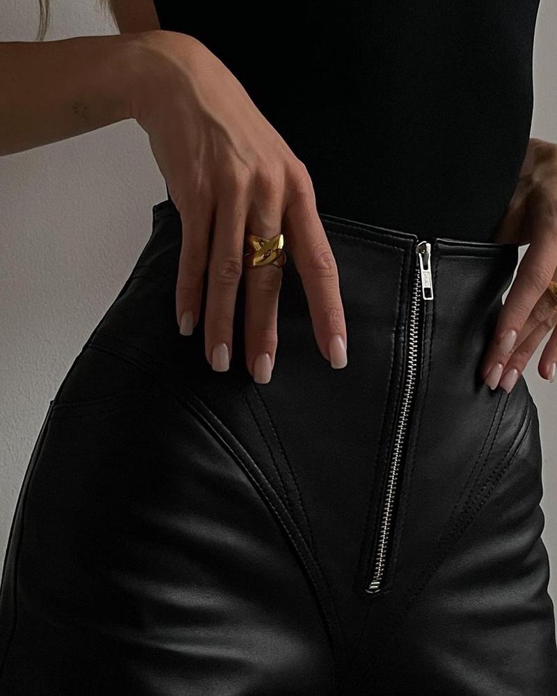 

PU Leather High Waist Zipper Design Pants, Black