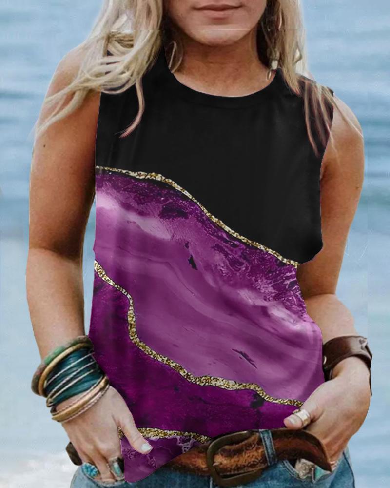 

Plus Size Marble Print Colorblock Casual Tank Top, Hot pink