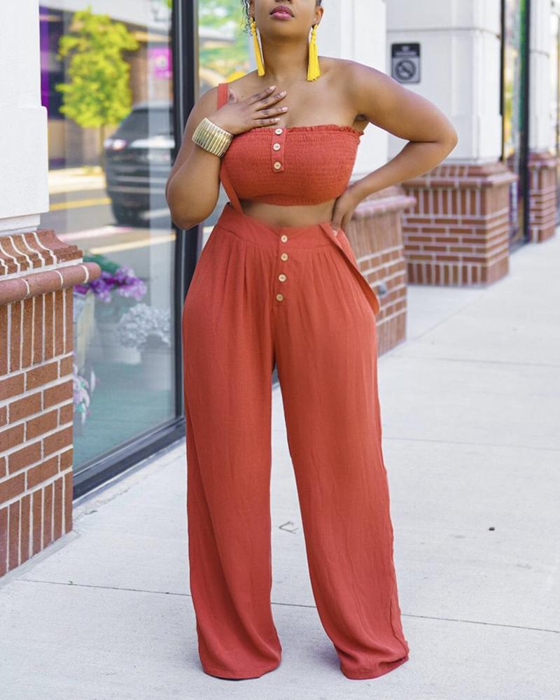 

Bandeau Shirred Crop Top & Suspender Pants Set, Wine red