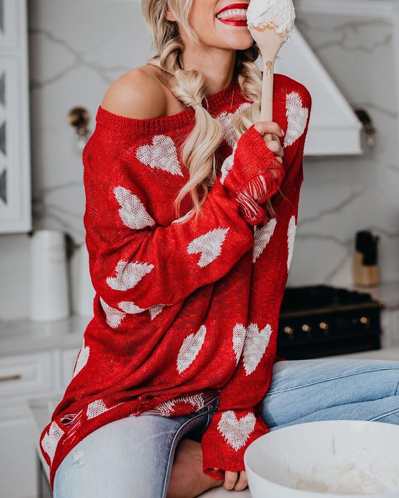 

Heart Pattern Ribbed Holey Detail Sweater, Red