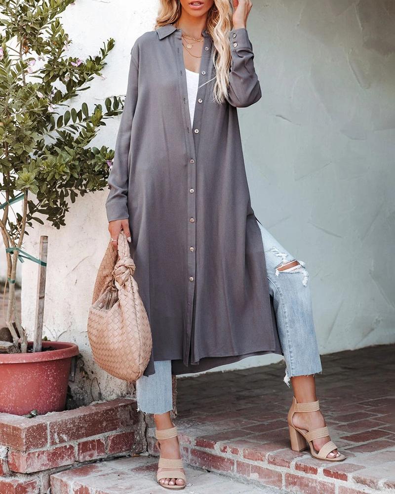 

Long Sleeve Button Design Slit Longline Coat, Gray