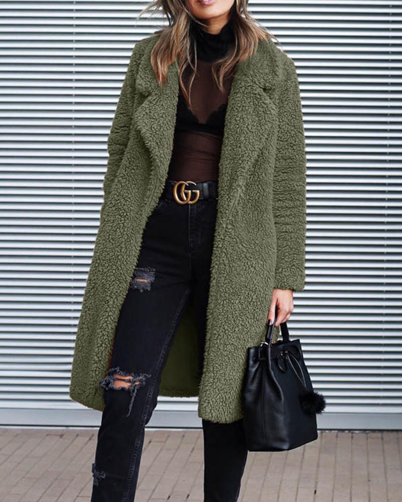 

Lapel Collar Longline Teddy Coat, Army green