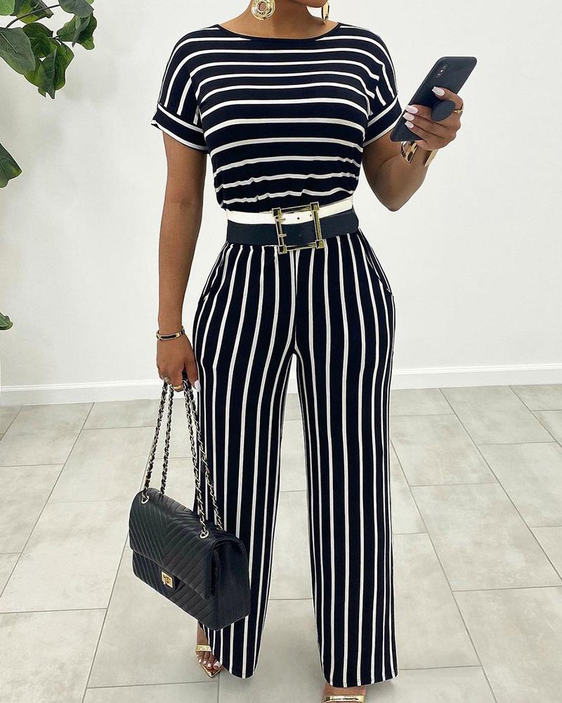 

Short Sleeve Stripe Print Casual Jumpsuit, Black