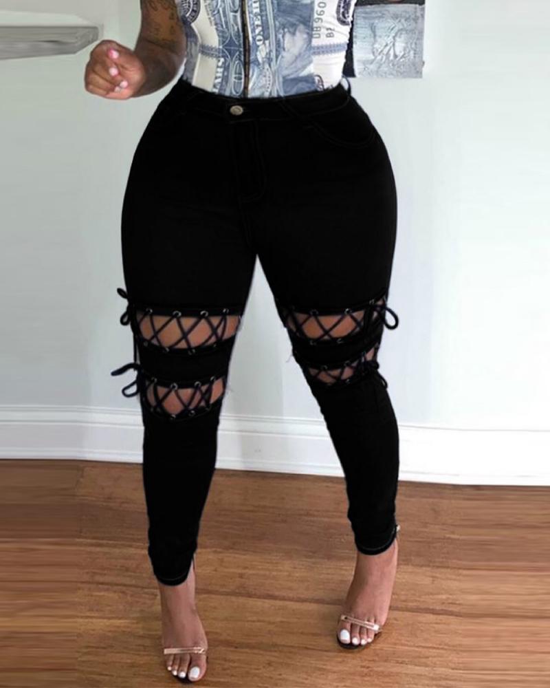

Solid Grommet Eyelet Lace-Up Skinny Jeans, Black