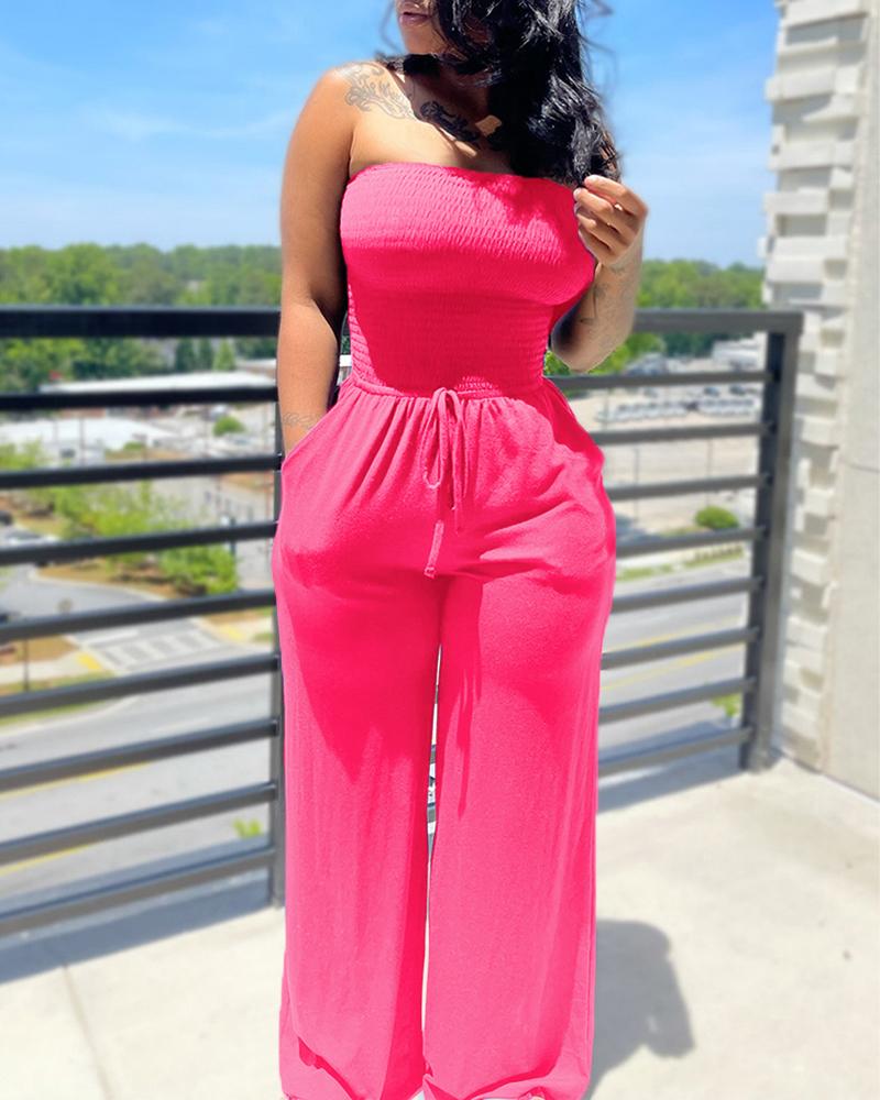 

Bandeau Shirred Pocket Design Wide Leg Jumpsuit, Hot pink