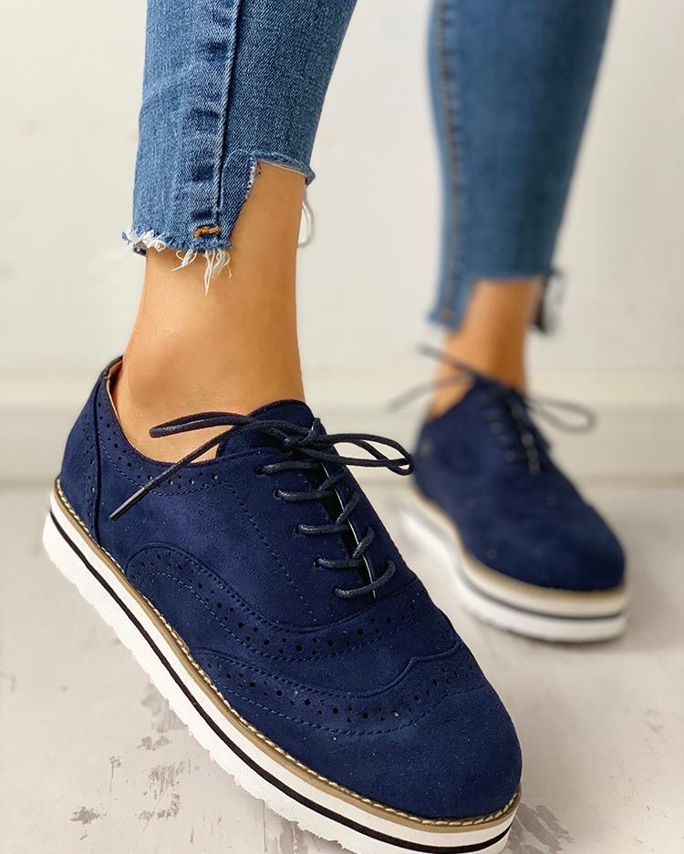 

Hollow Out Pattern Lace-up Platform Shoes, Blue