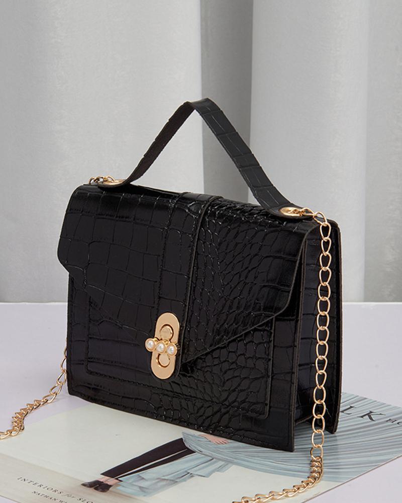 

Crocodile Twist Lock Square Satchel Bag, Black