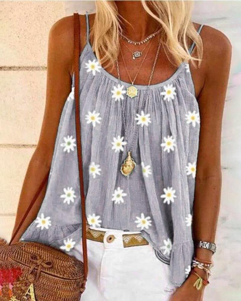 

Daisy Print U-neck Casual Tank Top, Gray