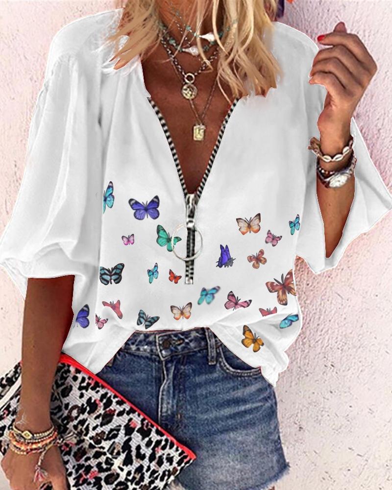 

Zip Front Butterfly Print Lantern Sleeve Top, White