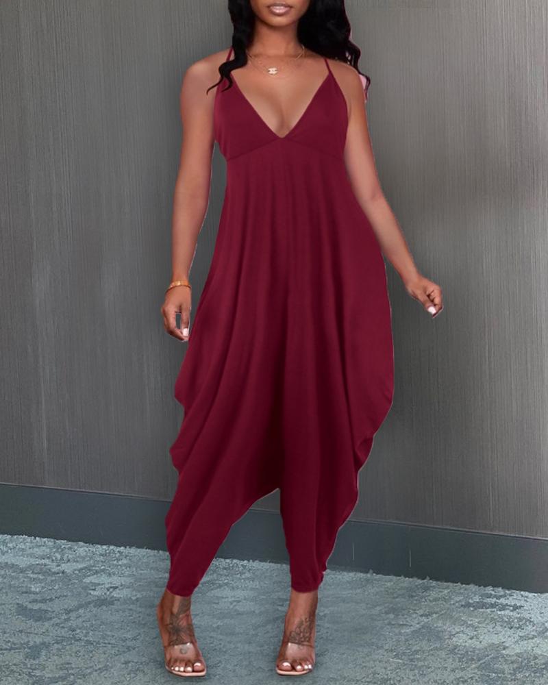 

Solid Color Sling Loose Jumpsuits, Wine red