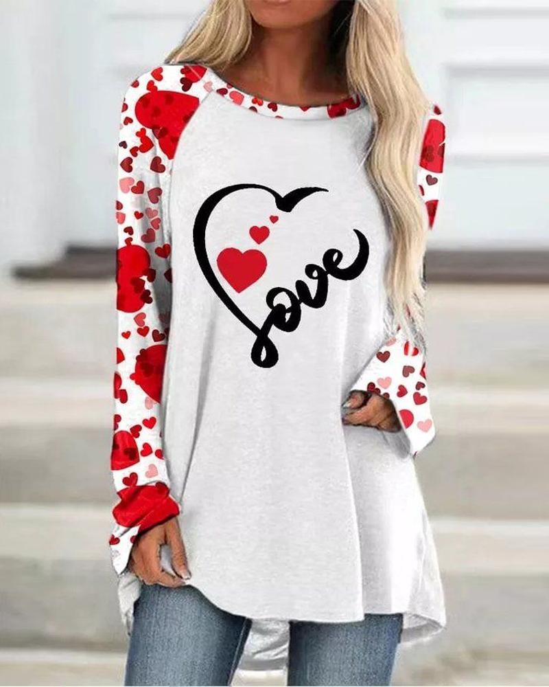 

Valentine' Day Heart Letter Print Long Sleeve Top, White