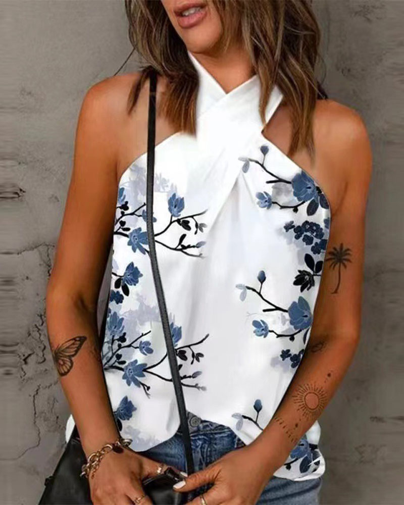 

Plants Print Crisscross Halter Tank Top, White