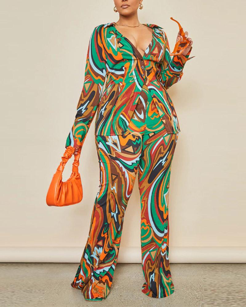 

Plus Size Abstract Print Long Sleeve Top & Pants Set, Orange