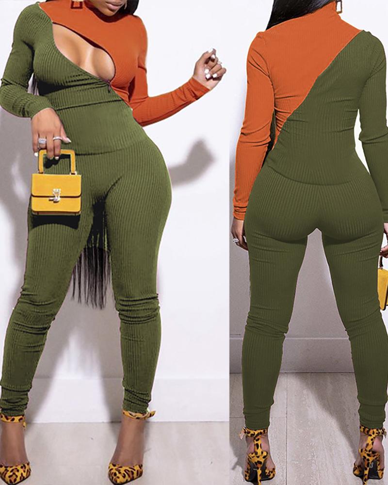 

Colorblock Zipper Design Ribbed Top & Skinny Pants Set, Army green