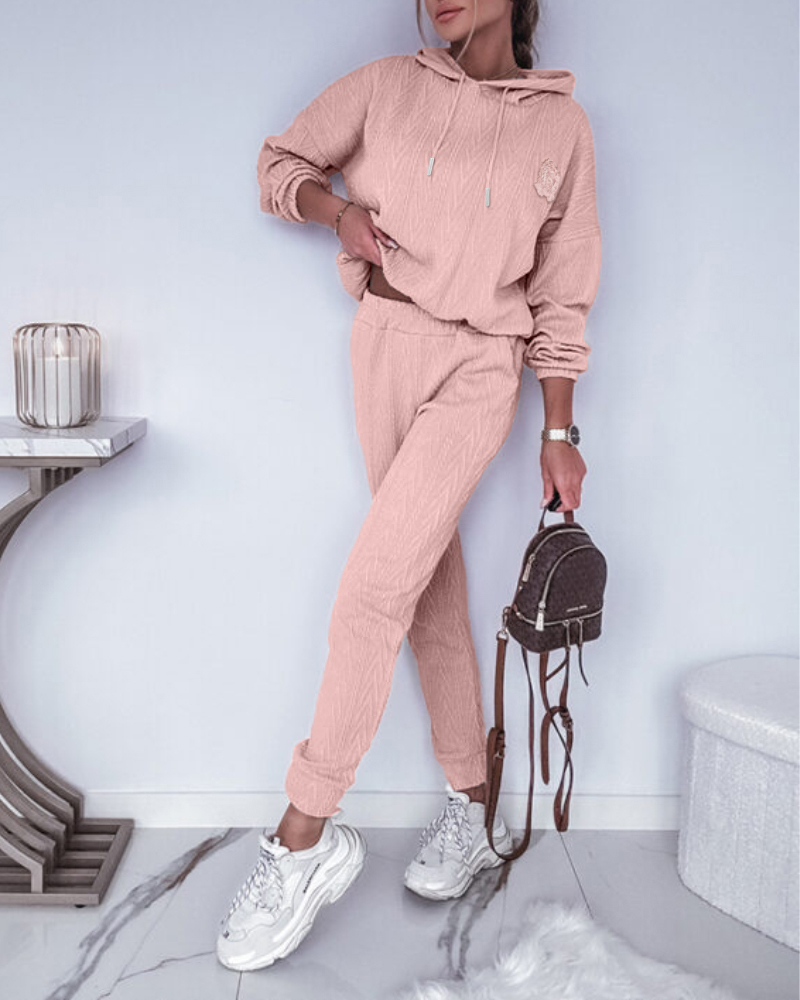 

Conjunto de 2 piezas con capucha, detalle de parche de letras, hombros caídos, cordón ajustable y pantalones con cintura elástica, conjunto de sudadera informal de jacquard., Pink