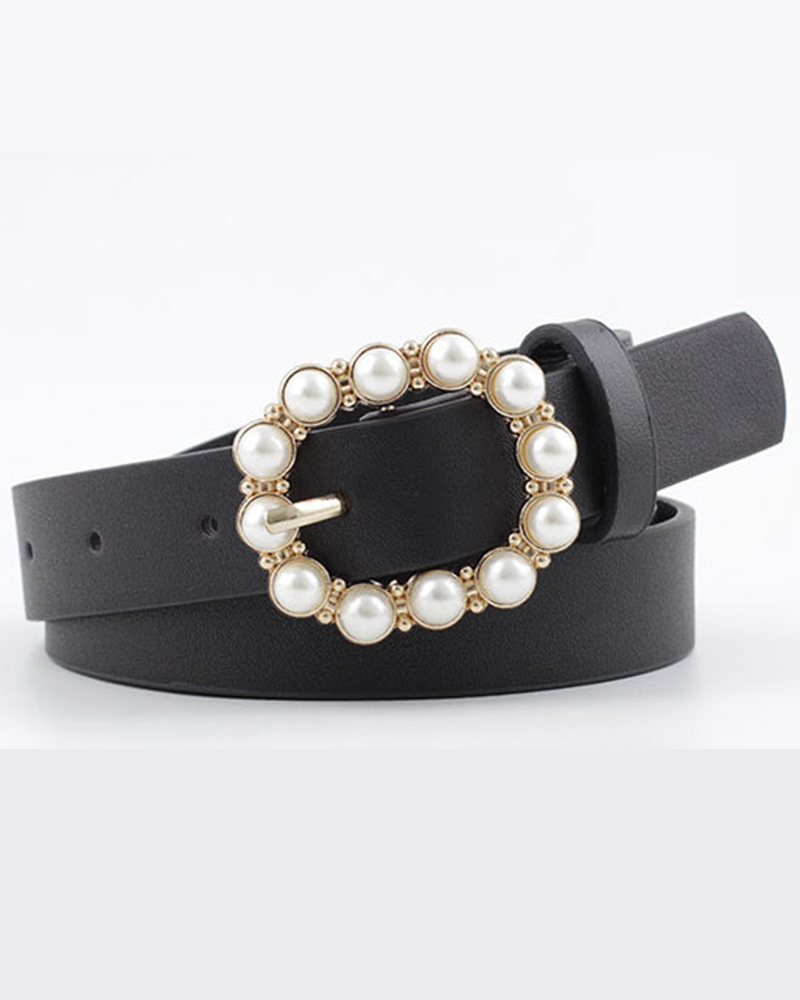 

1pc Faux Pearl Decor Buckle Belt, Black