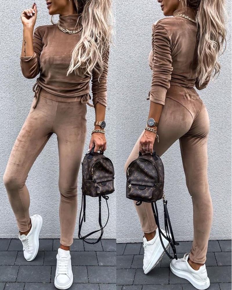

Velvet Drawstring Ruched Long Sleeve Top & Pants Set, Khaki