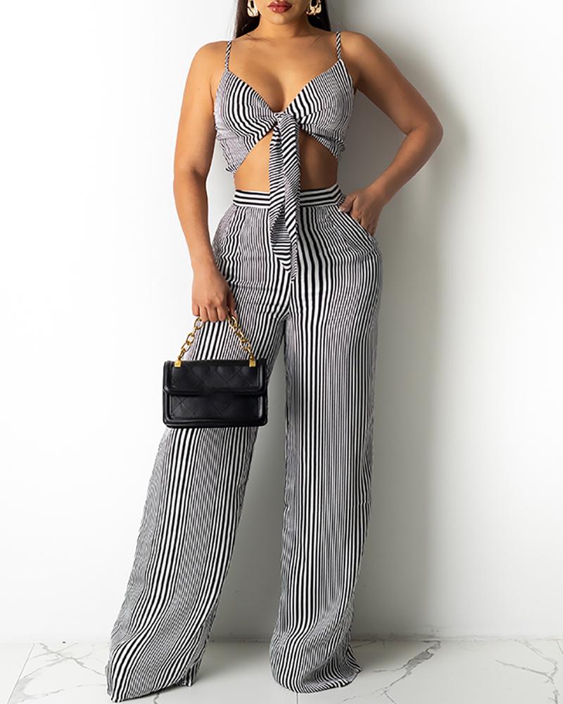 

Striped Knotted Crop Top & Pocket Design Pants Set, Black