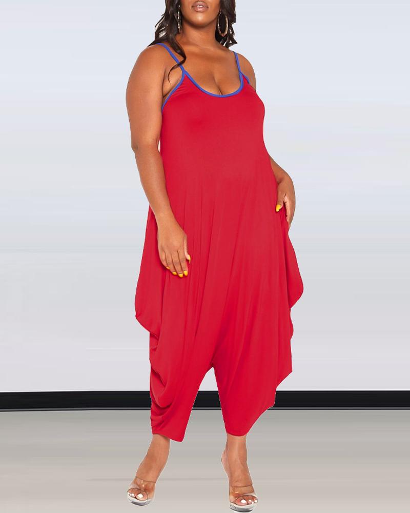 

Plus Size Contrast Binding Draped Detail Harem Jumpsuit, Red