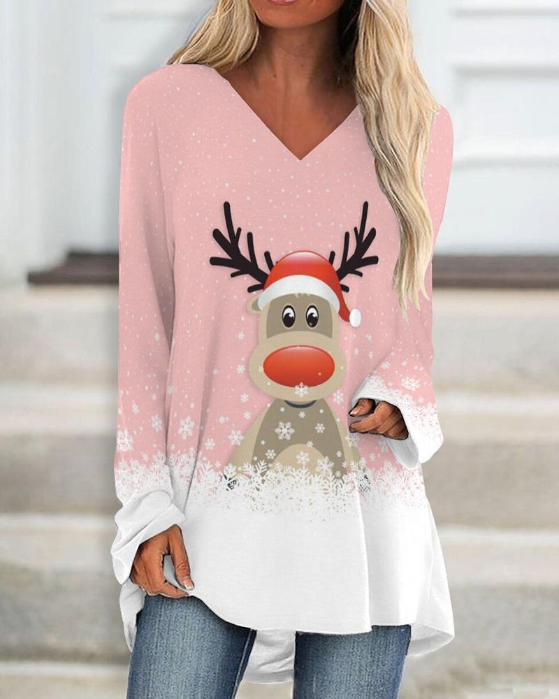 

Christmas V-Neck Elk Snowflake Print Top, Light pink